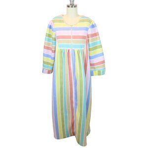 Vintage Pastel Rainbow Stripe Fleece Nightgown Robe House Coat Size L Saybury